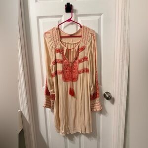 Free People Cream and Red Embroidered Tunic or Dress